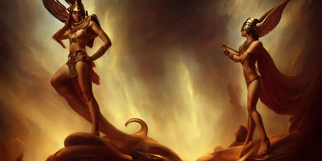 Prompt: Egyptian mythology, by Rolf Armstrong and Evelyn De Morgan and Bastien Lecouffe-Deharme, dramatic lighting, high contrast colors, baroque, empyrean, panoramic view, as trending on Artstation, highly detailed, doom engine,