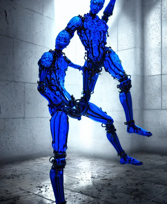 Prompt: art of humanoid of reflective raytracing blue glass and intricate steel straps, standing in ruins, by wayne barlow, dariusz zawadzki, hajime sorayama, ridley scott movie still, masterpiece, cgsociety, translucent raytracing, artstation, highly detailed, rim light, cinematic lighting, very coherent, hyperrealism, high detail, 8 k