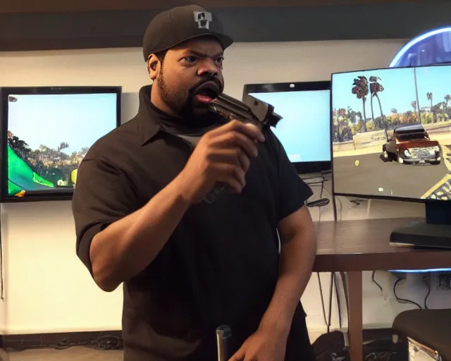 Prompt: ice cube playing gta 5 on an xbox on a friday, cdx