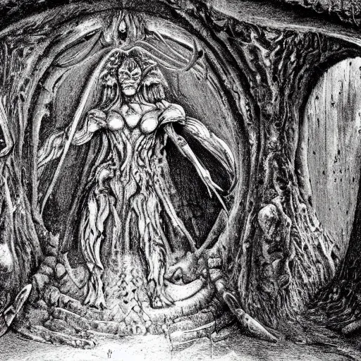 Image similar to the entrance of tartarus, ornate, ominous, weapons, mossy, lava, underworld, low angle, warped drive through the gates of hell, reality of non - euclidean eldritch geometric biomechanical taxonomic forms by rodin, hr giger, ernst haeckel, mc escher and junji ito.