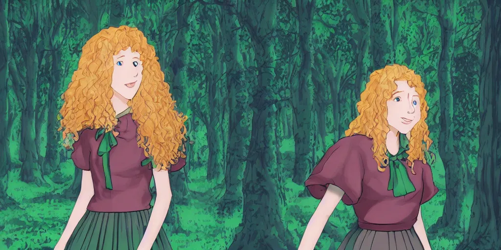 Prompt: a strawberry blonde frizzy haired teenage girl in a floor length dark green skirt and a short sleeved dark green blouse stands in a dark forest dimly lit by blue light, pixelated, in the style of king's quest 6