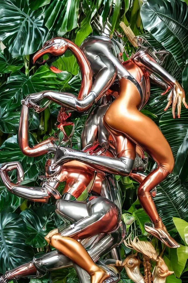 Image similar to close - up of a cyborg chrome nymph statue wrestling with a giant flamingo, surrounded by tropical monstera medinilla magnifica flower plants and thick pigmented smoke, by jeff koons, hajime soryama, boris vallejo, artgerm, greg rutkowski, alphonse mucha, kim keever