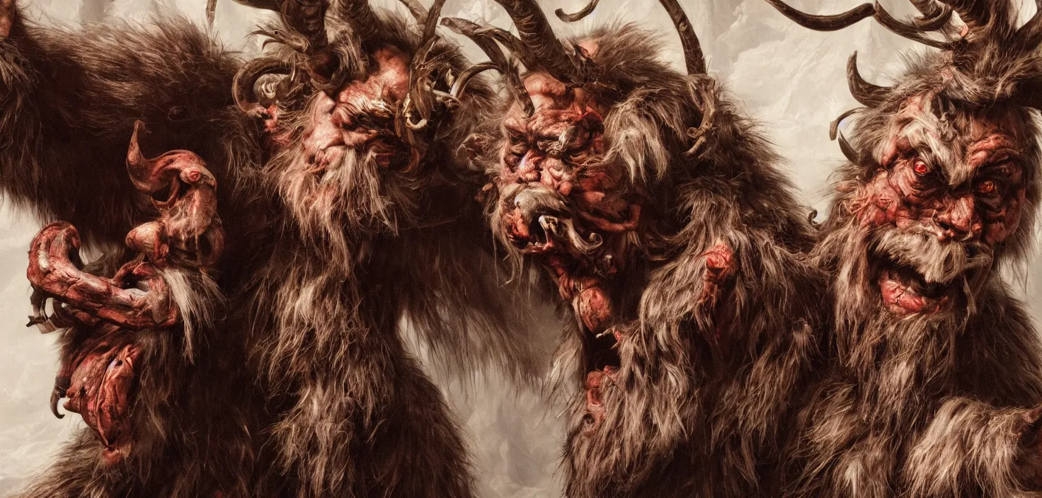 Image similar to hyperrealist highly detailed neo-baroque portrait of krampus standing in dolomites concept art pascal blanche dramatic studio lighting 8k wide angle shallow depth of field