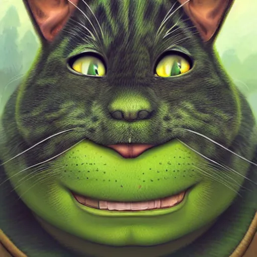 Image similar to hybrid of cat and shrek, half shrek - half cat, digital art, photo realistic, highly detailed, art by george stubbs, anton fadeev, james gurney, ilya kuvshinov