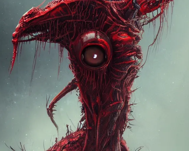 Image similar to alien creature, red, eyes growing on creature, spindly ; high detailed artwork by greg rutkowski ; sci - fi, detailed, scary, dangerous ; trending on artstation!!