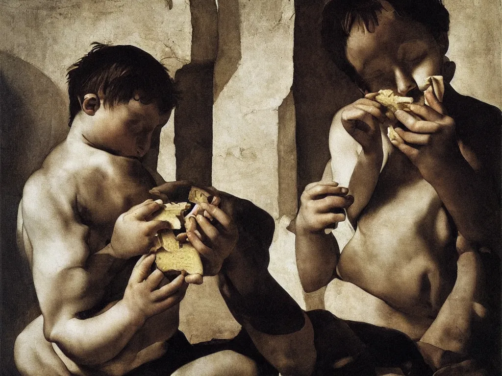 Image similar to Tired but beautiful, symmetrical young man eating bread, cheese. Golden harsh light. Portrait by Caravaggio, inspired by Roger Ballen