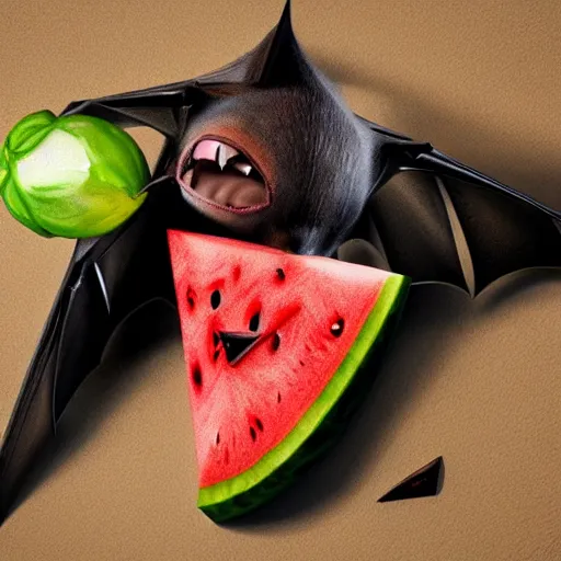 Prompt: very cute realistic fruit bat eats a triangle watermelon piece, digital art, high quality, illustration, art, detailed, 3 d render, unreal engine, clear colours, radiant light, sticker,