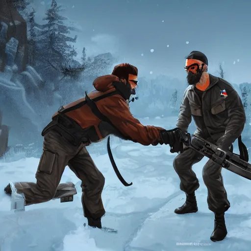 Image similar to Solid Snake and Gordon Freeman fight on an abandoned military base, winter, very detailed, hyper realism, epic, close-up fight, digital art, concept art, illustration, artstation, cgi, 4k