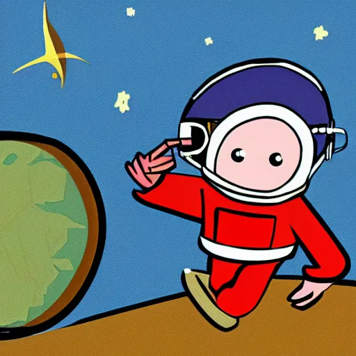 Image similar to 2 d cartoon of a red, short, bean shaped astronaut with a long blue visor