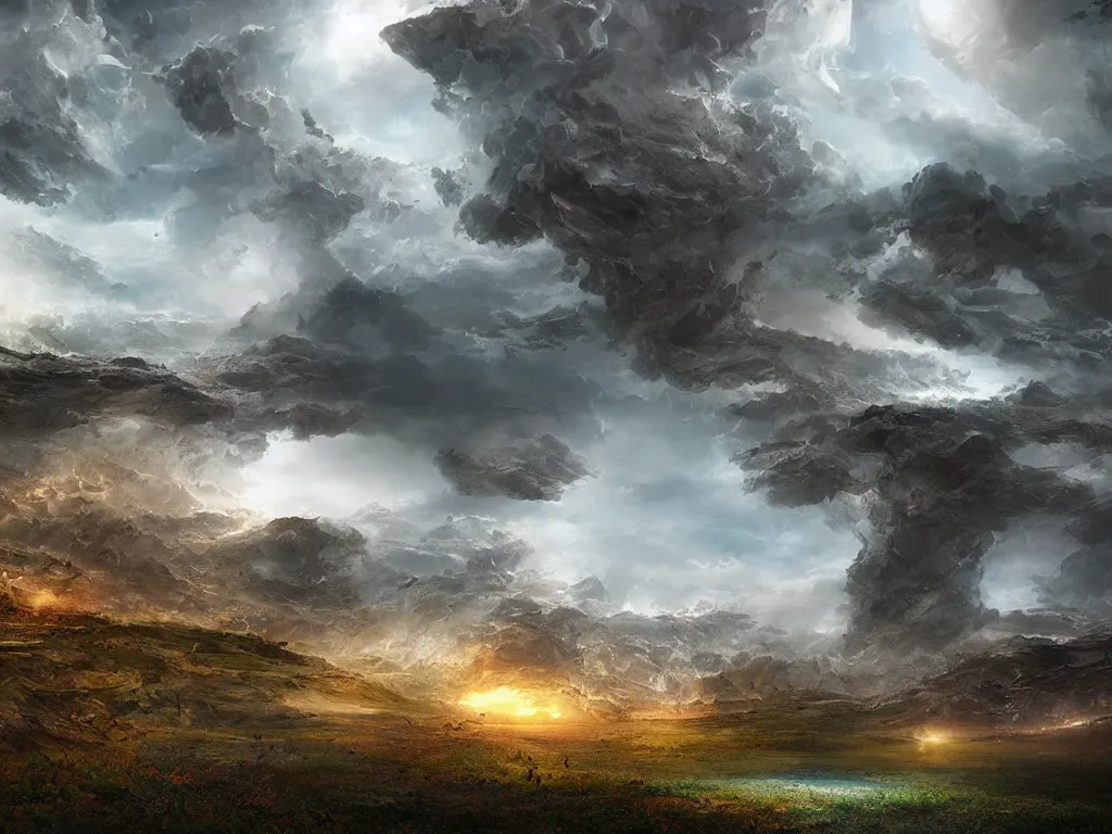 Image similar to A landscape where the future and past collide, epic digital art, grandiose