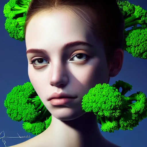 Image similar to the portrait of an unbelievably beautiful and sophisticated young woman made up of broccoli looking straight up, an ultrafine detailed illustration by james jean, intricate linework, bright colors, final fantasy, behance contest winner, vanitas, angular, altermodern, unreal engine 5 highly rendered, global illumination, radiant light, detailed and intricate environment