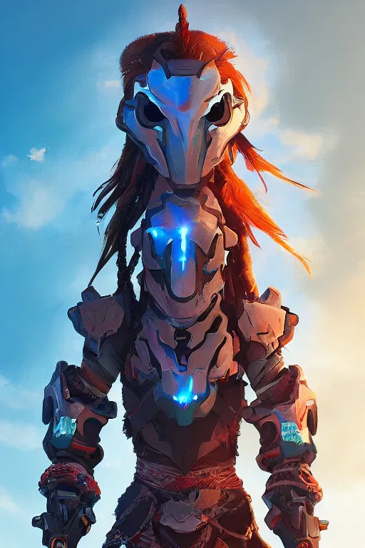 Image similar to combination suit armor aloy horizon forbidden west horizon zero dawn radiating a glowing aura global illumination ray tracing hdr fanart arstation by ian pesty and alena aenami artworks in 4 k tribal robot ninja mask helmet backpack