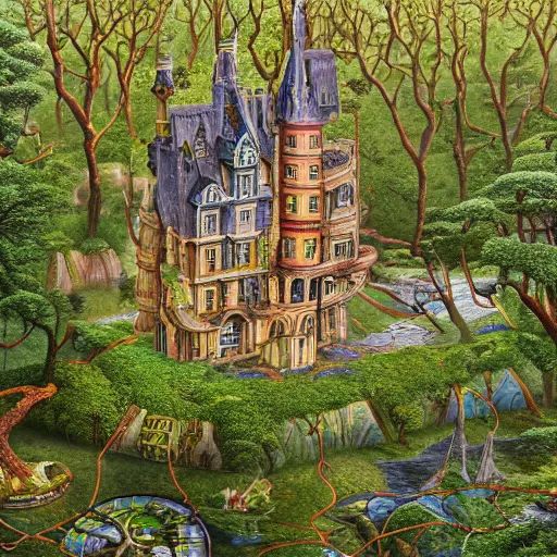 Prompt: a highly detailed strange fantastic magical mansion entangled with detailed oak trees by jacek yerka, matte painting, 8 k resolution, vivid