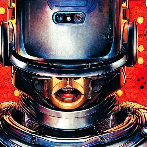 Prompt: portrait closeup of crazy robocop, symmetrical, cinematic colors, by yoichi hatakenaka, masamune shirow, josan gonzales and dan mumford, ayami kojima, takato yamamoto, barclay shaw, karol bak, yukito kishiro