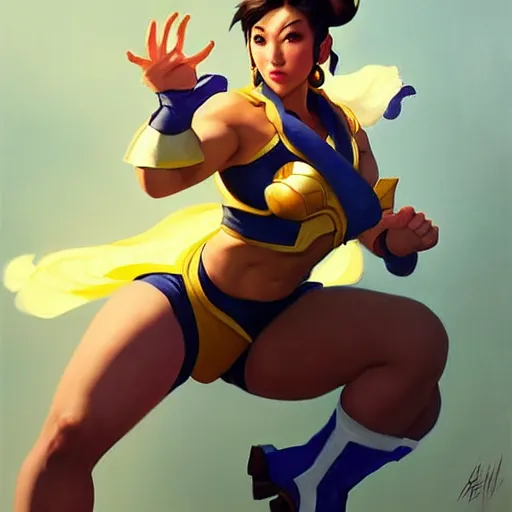 Image similar to Greg Manchess portrait painting of Chun-Li as Overwatch character, medium shot, asymmetrical, profile picture, Organic Painting, sunny day, Matte Painting, bold shapes, hard edges, street art, trending on artstation, by Huang Guangjian and Gil Elvgren and Sachin Teng