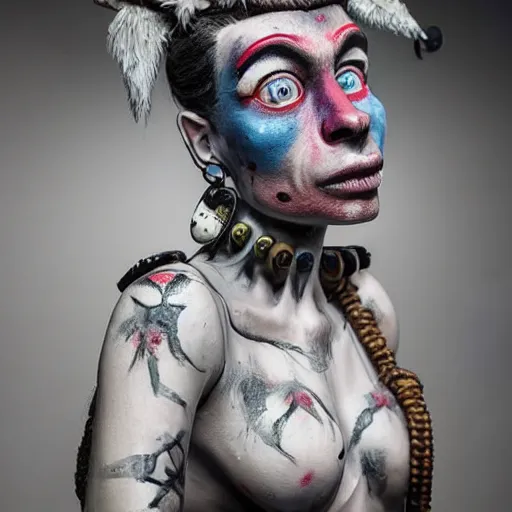 Prompt: ultra realistic painted sculpture of a very beautiful and attractive tank girl. waxwork. cinematic makeup. detailed lifelike. full body. jamie hewlett. beautiful. very attractive. wow. stunning. punk. comic