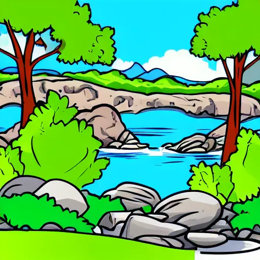 Image similar to a beautiful landscape, river, rocks, trees, cartoon