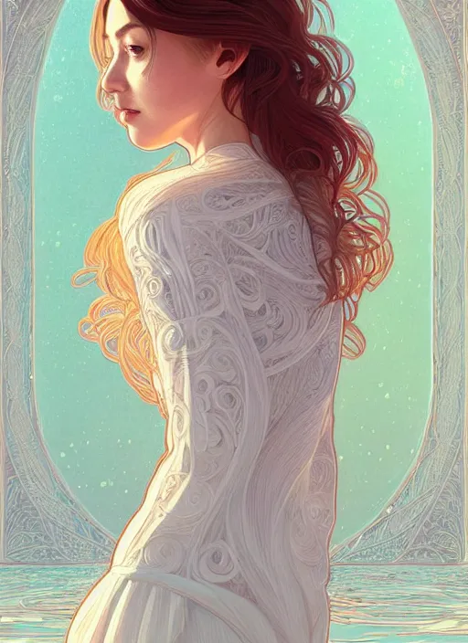 Image similar to long shot, woman posing, short wavy hair, round face, intricate white dress, cottagecore!!, inside water, intricate, enlightened, highly detailed, digital painting, artstation, concept art, smooth, sharp focus, illustration, inspired by artgerm, by marat safin, and alphonse mucha