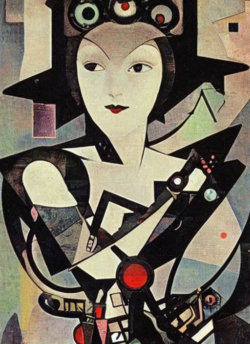 Image similar to cute punk goth fashion fractal alien martian girl with wearing a television tube helmet and kimono made of circuits and leds, surreal Dada collage by Man Ray Kurt Schwitters Hannah Höch Alphonse Mucha Beeple