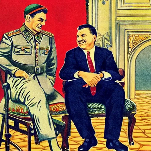 Image similar to hungarian prime minister viktor orban sitting on the knee of joseph stalin, soviet propaganda poster art from 1 9 5 0, highly detailed, colored