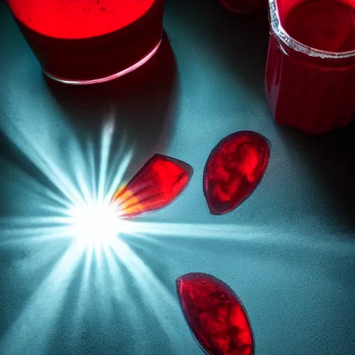 Prompt: Sunlight shining through a red healing potion