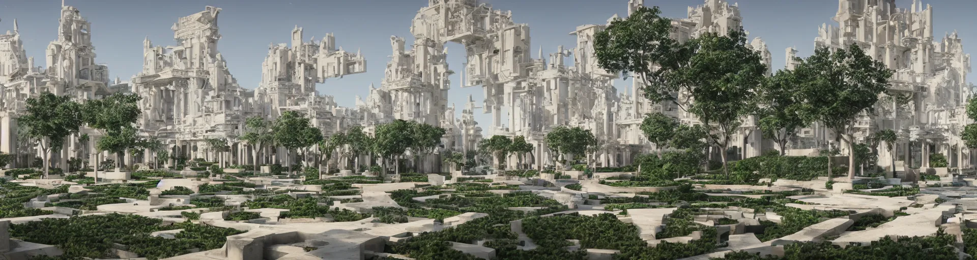 Prompt: geometrically symmetrical hanging garden based on the design of versailles in an american megacity made of travertine brutalist temples, sci-fi, blue sky, optimistic matte painting, concept art, style by syd mead, 8k, octane render