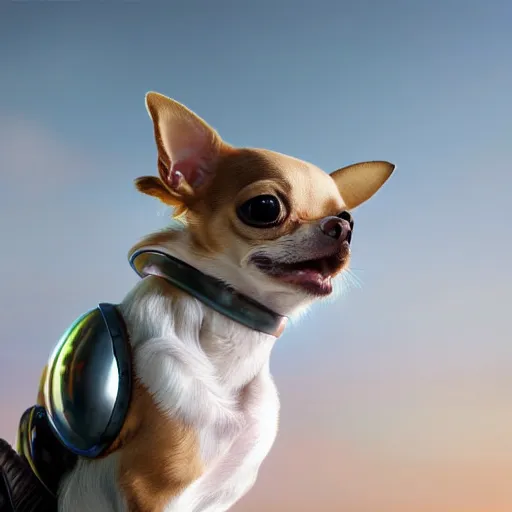 Prompt: Chihuahua cyborg, mechanical, celestial background, octane, 4k, hyper realism, sharp focus