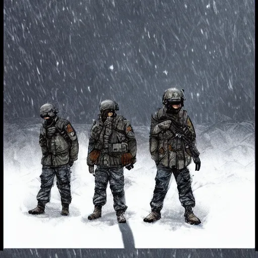 Image similar to multiple soldiers wearing arctic clothing, riot gear, in snow storm, apocalyptic, artstation