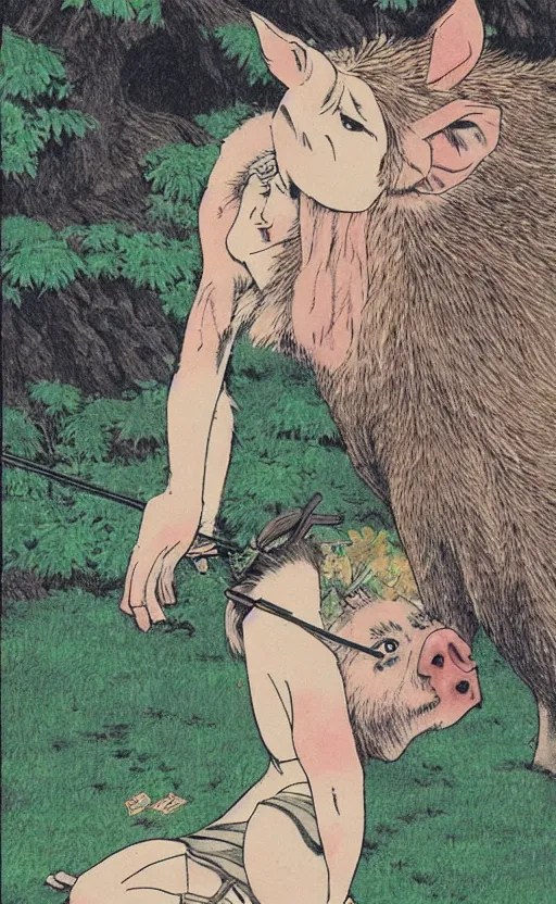 Image similar to by akio watanabe, manga art, girl pet a boar in the forest, trading card front, kimono, realistic anatomy