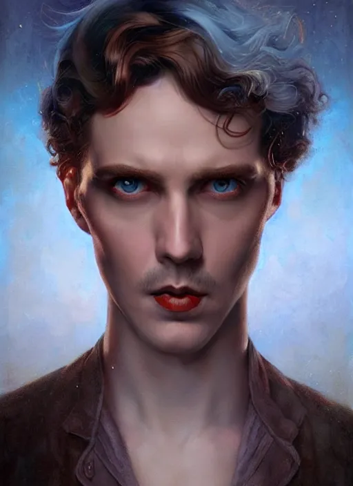 Prompt: a sociopathic portrait of a pockmarked man with beautiful blue eyes and short brown hair, art by manuel sanjulian and tom bagshaw