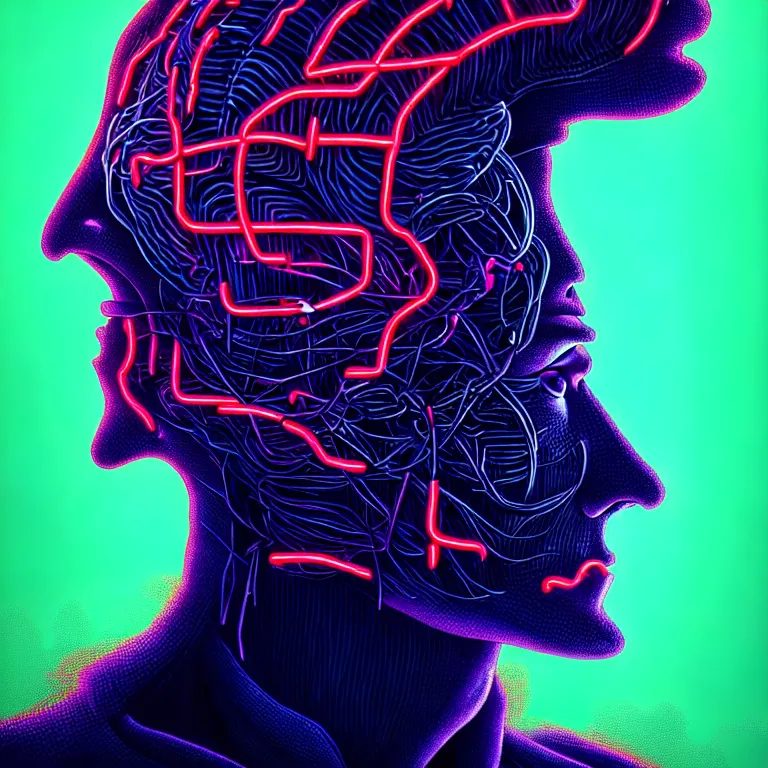 Prompt: a close - up portrait shot of a man! who's ( brain is being ( ( eaten by a ( crow ) ) ), cult dystopian neon environment, intricate, elegant, highly detailed, centered, digital painting, artstation, concept art, smooth, sharp focus, illustration, artgerm, 8 k, ray tracing