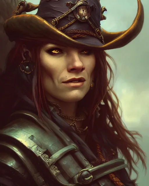 Image similar to a female orc pirate captain, fantasy character portrait, moody weather, ultra realistic, intricate, elegant, highly detailed, digital painting, artstaion, smooth, sharp, focus, illustration, art by artgerm and greg rutkowski and alphonse mucha