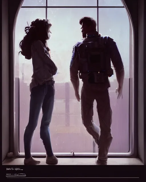 Prompt: a man and a woman standing in front of a window, concept art by glen orbik and by john avon and by edouard groult, cgsociety, space art, concept art, redshift, sci - fi