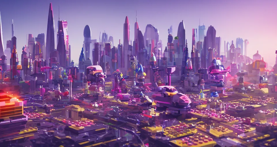 Prompt: sci - fi futuristic city made of lego bricks, pixar, disney 3 d, 8 k, octane render, still from lego movie