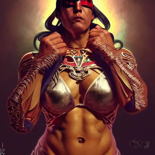 Image similar to portrait of lucha libre dj, muscular, fantasy, intricate, elegant, highly detailed, digital painting, artstation, concept art, smooth, sharp focus, illustration, art by artgerm and greg rutkowski and alphonse mucha