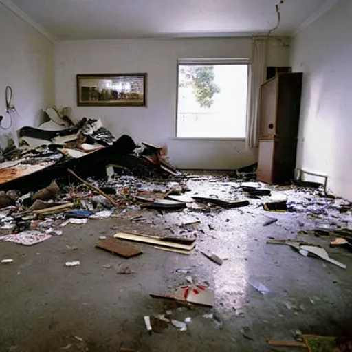 Image similar to The computer art shows a scene of total destruction. A room has been completely wrecked, with furniture overturned, belongings strewn about, and debris everywhere. The only thing left intact is a single photograph on the wall. This photograph is the only evidence of what the room once looked like. It shows a tidy, well-appointed space, with everything in its place. The contrast between the two images is stark, and it is clear that the destruction was complete and absolute. Doom engine, doge by Isaac Levitan, by Guy Billout, by Siya Oum monumental