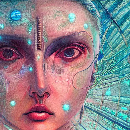 Image similar to painting of a close - up on the face of a cyberpunk girl, into a trance and closed eyes, connected by cables in her head, in the style of agostino arrivabene, renaissance, dark, surrealism, low contrast, blue, red, pink, cyan, sacred geometry, intricate