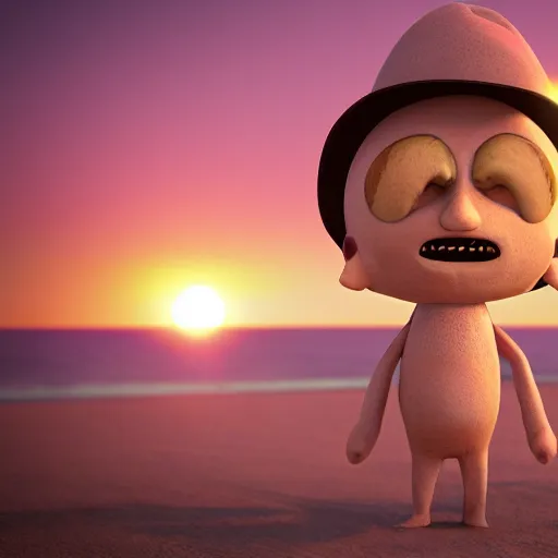 Image similar to 3 d render, chibi lemon character with an angry look on his face, he is wearing a hat, relaxing on the beach at sunset, beach, waves, sun, rim light, cinematic photography, professional, sand