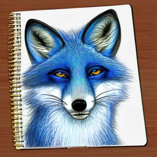 Image similar to high quality colored pencil sketch portrait of an anthro furry fursona blue fox, handsome eyes, sketch doodles surrounding it, photo of notebook sketch