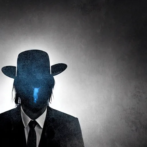 Image similar to white light from right, mysterious man in black suit and black hat, he has a pistol, smoke, fog, mysterious, 4 k, highly detailed, digital art, strong shadows, high contrast, epic scene, atmospheric, blue colours, old photograph