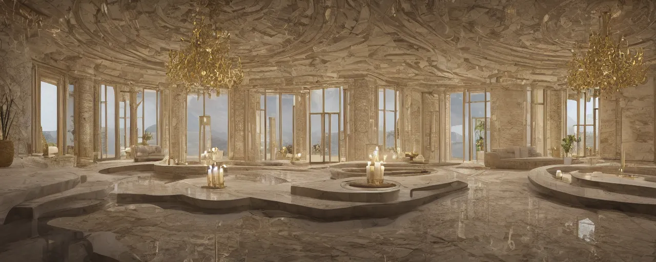 Prompt: 3 d render of a cinematic interior of a triple height hyper luxury spa with everything made of gold, candles, windows with view to desert mountains and river, beige stone marble floor with reflection, small wellness relaxation pool, intricate hieroglyph detailed roof, contemporary design, fractal sacred geometry, 8 k, hyperrealistic, photorealism,