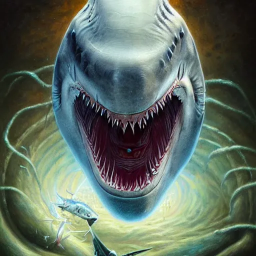 Image similar to Tomasz Alen Kopera and Fenghua Zhong and Petsr Mohrbacher illustration of a shark, Alien mouth
