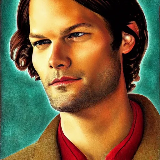 Image similar to Stunning portrait of handsome Jared Padalecki as an angel, in the style of norman rockwell, digital art