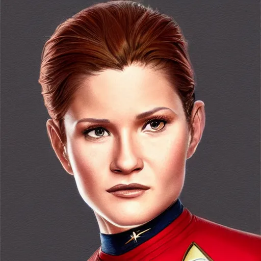 Image similar to ultra realistic illustration, bella! thorne! as captain janeway wearing star trek red uniform, intricate, elegant, highly detailed, digital painting, artstation, concept art, smooth, sharp focus, illustration, art by artgerm and greg rutkowski and alphonse mucha