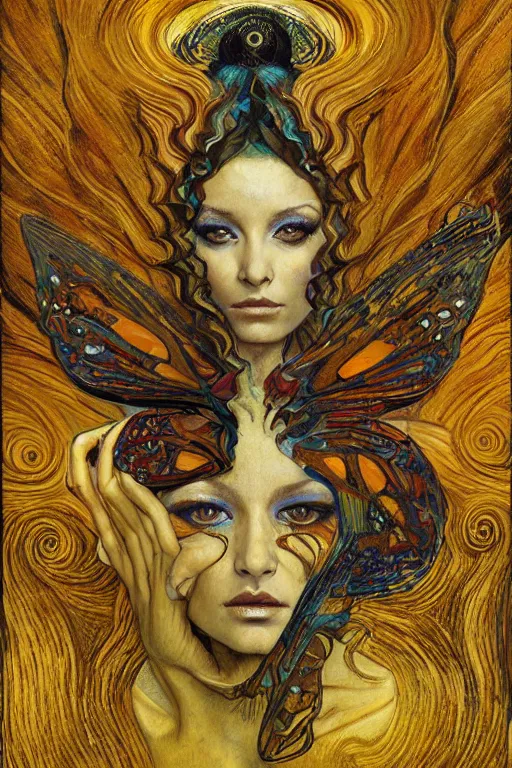 Image similar to Metamorphosis by Karol Bak, Jean Deville, Gustav Klimt, and Vincent Van Gogh, transformational chimera portrait, visionary, cicada wings, transformation, chimera, metamorphosis, otherworldly, fractal structures, ornate gilded medieval icon, third eye, spirals, horizontal symmetry