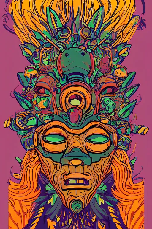 Image similar to animal mask totem roots flower tribal feather gemstone plant wood rock shaman vodoo video game vector cutout illustration vivid multicolor borderlands comics by josan gonzales and dan mumford radiating a glowing aura