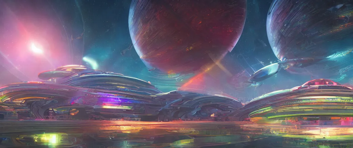 Image similar to a wide shot of a large distant hi-tech sci-fi Utopian spaceship, with a lot of bright color lights, bridges, turrets, pipes, orbiting a gas giant planet, beautiful, solarpunk, volumetric light, photography, color, intricate, extremely detailed, photorealistic, digital art, trending on artstation