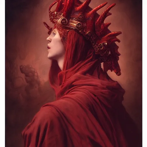 Image similar to a masterpiece! photographic portrait of a scarlet - colored beast with seven ( 7 ) heads and ten ( 1 0 ) horns by gustave dore and stephen hickman and allen williams, trending on artstation, cgsociety, 8 k hd, earthtone colors, a cloaked woman riding the back of the beast