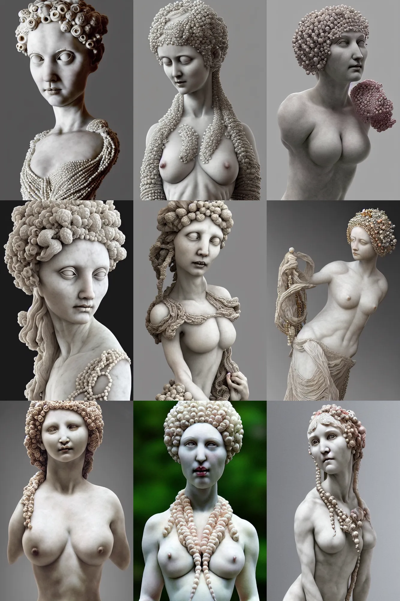 Prompt: a marble sculpture of a goddess by Mab Graves, featured on zbrush central, vanitas, macabre, made of beads and yarn, marble sculpture