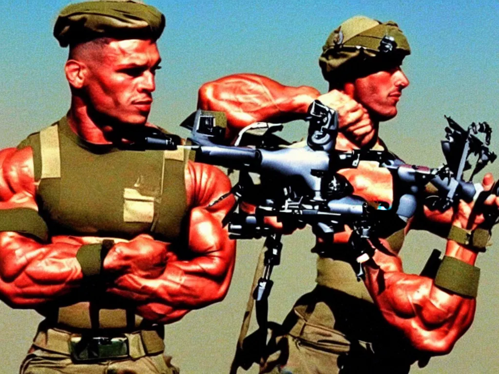 Prompt: vintage 90s VHS video still of a muscular soldier promoting UAV, retro TV, noise, hue